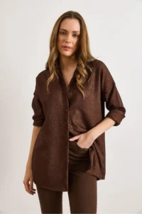 Olalook Women's Bitter Brown Wool Effect Winter Basic Shirt - Image 6