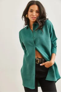 Olalook Women's Emerald Green Wool Effect Winter Basic Shirt - Image 3