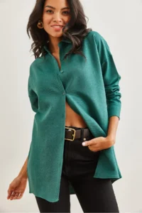 Olalook Women's Emerald Green Wool Effect Winter Basic Shirt - Image 4