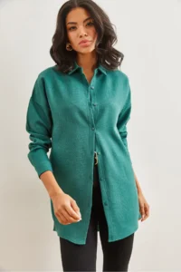 Olalook Women's Emerald Green Wool Effect Winter Basic Shirt - Image 5