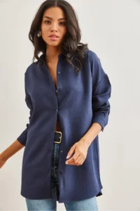 Olalook Women's Navy Blue Wool Effect Winter Basic Shirt
