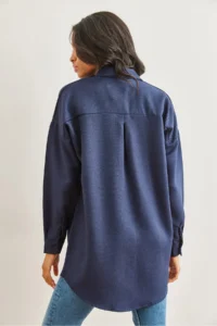 Olalook Women's Navy Blue Wool Effect Winter Basic Shirt - Image 2