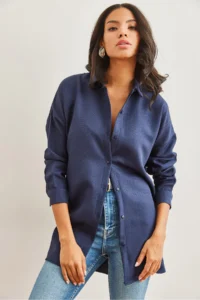 Olalook Women's Navy Blue Wool Effect Winter Basic Shirt - Image 3