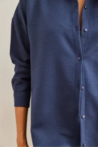 Olalook Women's Navy Blue Wool Effect Winter Basic Shirt - Image 4
