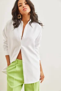 Olalook Women's White Wool Effect Winter Basic Shirt - Image 2