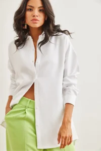 Olalook Women's White Wool Effect Winter Basic Shirt - Image 3