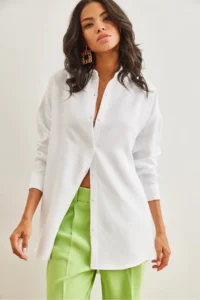 Olalook Women's White Wool Effect Winter Basic Shirt - Image 4