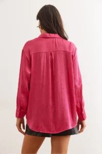 Olalook Women's Fuchsia Satin Crinkle Woven Shiny Shirt - Image 2