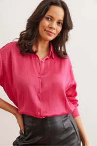 Olalook Women's Fuchsia Satin Crinkle Woven Shiny Shirt - Image 3