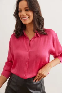 Olalook Women's Fuchsia Satin Crinkle Woven Shiny Shirt - Image 4