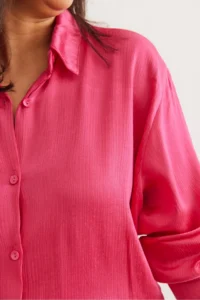 Olalook Women's Fuchsia Satin Crinkle Woven Shiny Shirt - Image 6