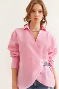 Olalook Women's Candy Pink Shirt Collar Belt Detailed Shirt
