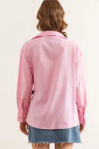 Olalook Women's Candy Pink Shirt Collar Belt Detailed Shirt - Image 2