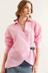 Olalook Women's Candy Pink Shirt Collar Belt Detailed Shirt - Image 3