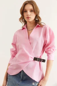 Olalook Women's Candy Pink Shirt Collar Belt Detailed Shirt - Image 4