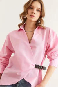 Olalook Women's Candy Pink Shirt Collar Belt Detailed Shirt - Image 5