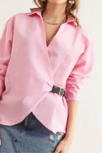 Olalook Women's Candy Pink Shirt Collar Belt Detailed Shirt - Image 6