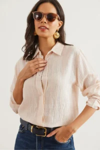 Olalook Women's Stone Lightly Transparent Striped Shirt - Image 3