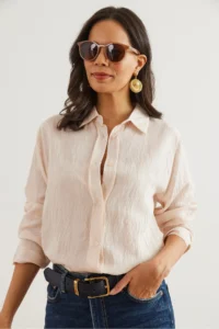Olalook Women's Stone Lightly Transparent Striped Shirt - Image 4