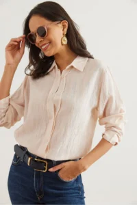 Olalook Women's Stone Lightly Transparent Striped Shirt - Image 5