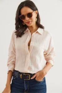 Olalook Women's Stone Lightly Transparent Striped Shirt - Image 6