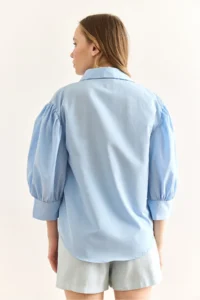 Olalook Women's Blue Hidden Fly Balloon Sleeve Terry Cotton Shirt - Image 2