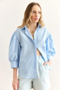 Olalook Women's Blue Hidden Fly Balloon Sleeve Terry Cotton Shirt - Image 3