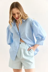 Olalook Women's Blue Hidden Fly Balloon Sleeve Terry Cotton Shirt - Image 4