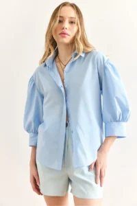 Olalook Women's Blue Hidden Fly Balloon Sleeve Terry Cotton Shirt - Image 5