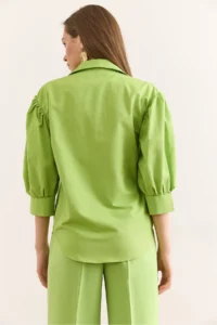Olalook Women's Pistachio Green Hidden Fly Balloon Sleeve Terry Cotton Shirt GML- - Image 2