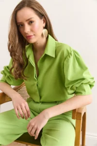 Olalook Women's Pistachio Green Hidden Fly Balloon Sleeve Terry Cotton Shirt GML- - Image 3
