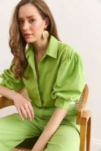 Olalook Women's Pistachio Green Hidden Fly Balloon Sleeve Terry Cotton Shirt GML- - Image 4