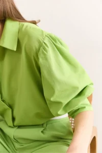 Olalook Women's Pistachio Green Hidden Fly Balloon Sleeve Terry Cotton Shirt GML- - Image 5