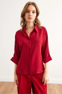 Olalook Women's Burgundy Three Quarter Sleeve Front Short Back Long Loose Shirt - Image 2
