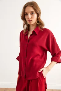 Olalook Women's Burgundy Three Quarter Sleeve Front Short Back Long Loose Shirt - Image 3
