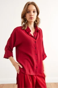 Olalook Women's Burgundy Three Quarter Sleeve Front Short Back Long Loose Shirt - Image 4