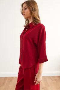 Olalook Women's Burgundy Three Quarter Sleeve Front Short Back Long Loose Shirt - Image 5