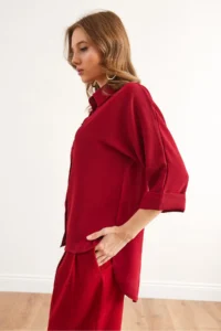 Olalook Women's Burgundy Three Quarter Sleeve Front Short Back Long Loose Shirt - Image 6