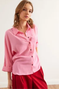 Olalook Women's Candy Pink Three Quarter Sleeve Front Short Back Long Loose Shirt