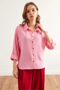 Olalook Women's Candy Pink Three Quarter Sleeve Front Short Back Long Loose Shirt - Image 2