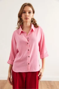 Olalook Women's Candy Pink Three Quarter Sleeve Front Short Back Long Loose Shirt - Image 3