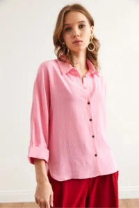 Olalook Women's Candy Pink Three Quarter Sleeve Front Short Back Long Loose Shirt - Image 4