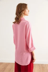 Olalook Women's Candy Pink Three Quarter Sleeve Front Short Back Long Loose Shirt - Image 5