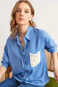Olalook Women's Indigo Guipure Pocket Detailed Linen Look Shirt