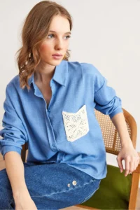 Olalook Women's Indigo Guipure Pocket Detailed Linen Look Shirt - Image 2