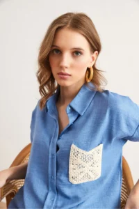 Olalook Women's Indigo Guipure Pocket Detailed Linen Look Shirt - Image 3
