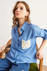 Olalook Women's Indigo Guipure Pocket Detailed Linen Look Shirt - Image 4