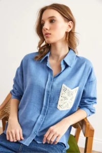 Olalook Women's Indigo Guipure Pocket Detailed Linen Look Shirt - Image 5