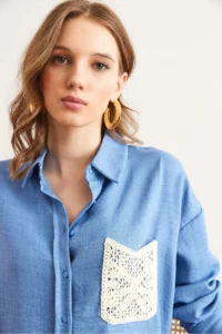 Olalook Women's Indigo Guipure Pocket Detailed Linen Look Shirt - Image 6