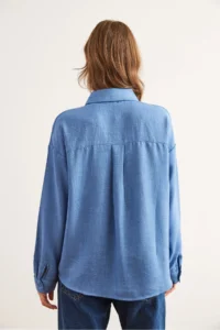 Olalook Women's Indigo Guipure Pocket Detailed Linen Look Shirt - Image 7